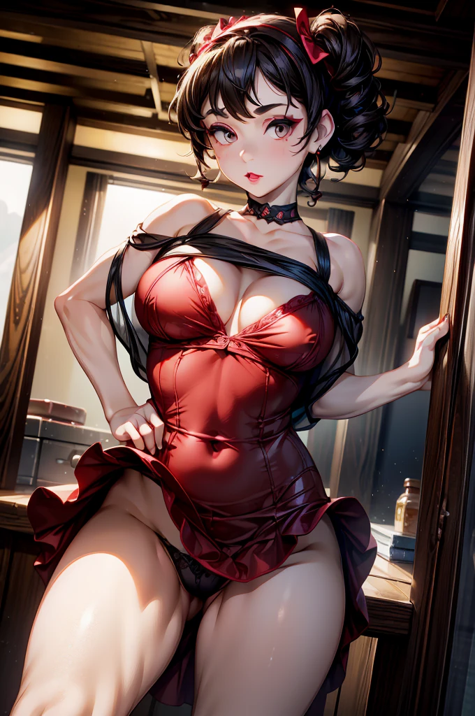 (8K HDR photorealistic pic), Betty Boop, short, althetic, curvy lady, ((tight little red dress)), dark eyebrows, black lipstick, (hoop earrings), dark eyeshadow, black lipstick, curvy, busty, (curly short black hair), shortstack, (retroussé breasts), darling figure, (supple pouting breasts), firm thighs, hourglass figure, kerchief, big brown eyes, dancing seductively