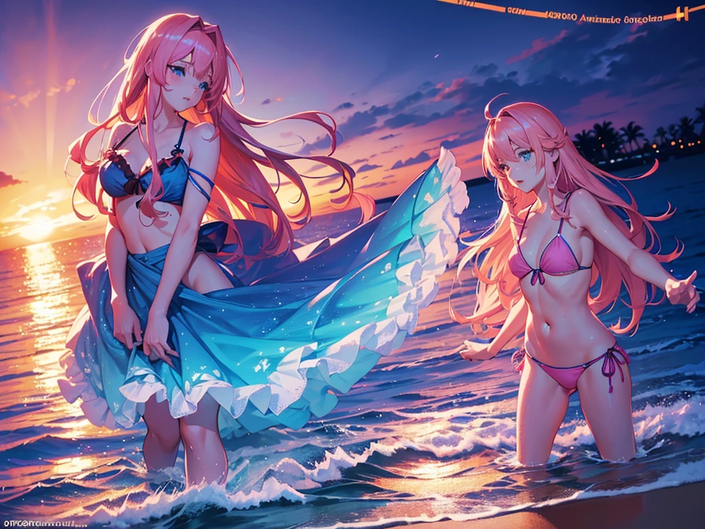 anime, Style, 1 pink long haired girl in a blue bikini, on the beach in the night(best quality, 4k, 8k, high resolution, obra-prima: 1.2), ultra-detailed, (realista, fotorealista, foto-realista: 1.37) colorido com vibrantes cores, soft lighting