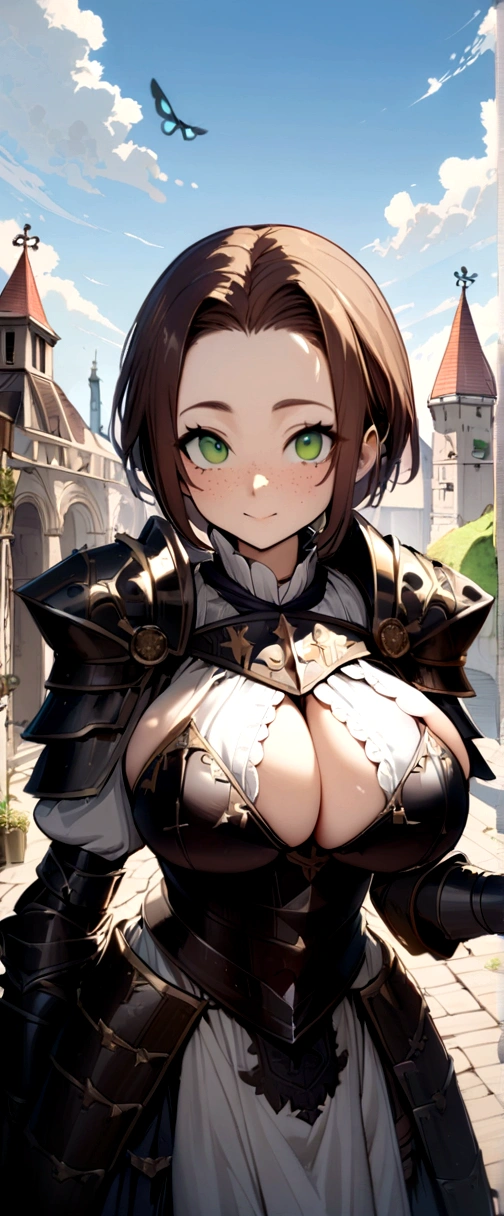 Masterpiece, hyper detailed, 1girl , smiley face, freckles, wide forehead, big eyes, green eyes, short bowl haircut, brown hair BREAK very intricate detailed medieval armor shiny with big shoulder defense, no helmet BREAK standing in middle camomile plain, butterfly's flying around, sunny day, ((big boobs))