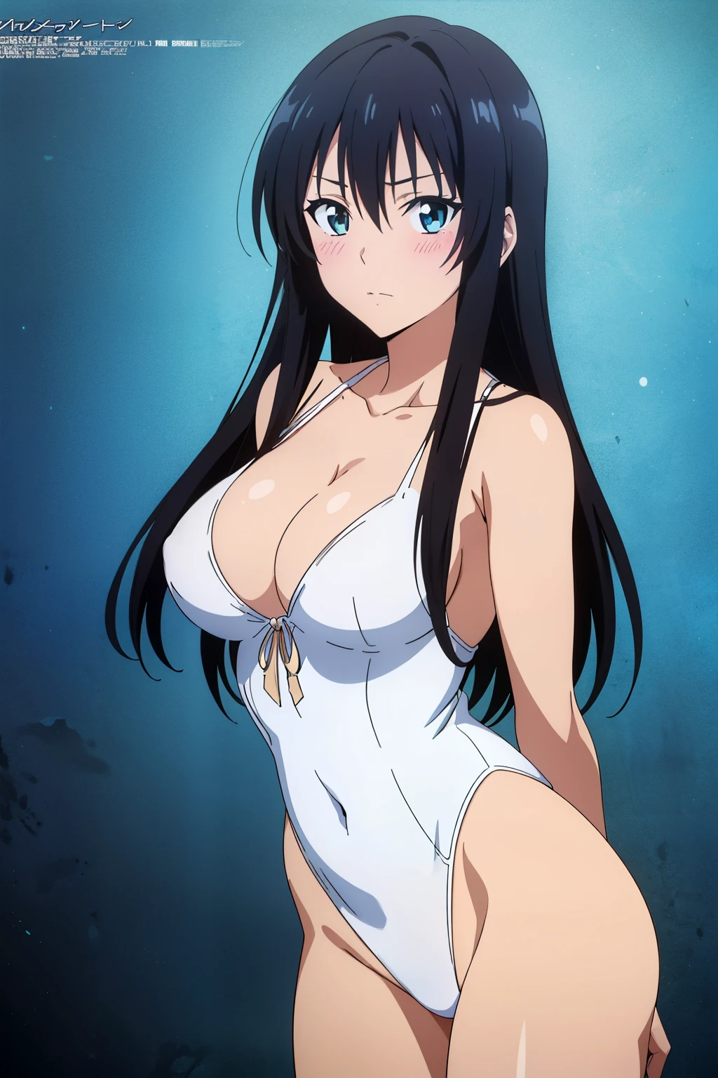 (masutepiece, Best Quality, High resolution, anime colours, megami magazine:1.2, anime poster style, anime keyvisual, sharp, 8k, photorealistic), (beautiful eyes:1.5, beautiful face), Kotegawa Yui, 1girl, solo, Cute, blush, (Long Black Hair), (sagging large breasts), (white onepiece swimsuit), cleavage, (arm behind back, cowboy shot), (Perfect detailed Anatomy, beautiful detailed hair, perfect detailed body:1.2, shiny skin), (thick outline, Beautiful outlines, black outlines), simple background,
