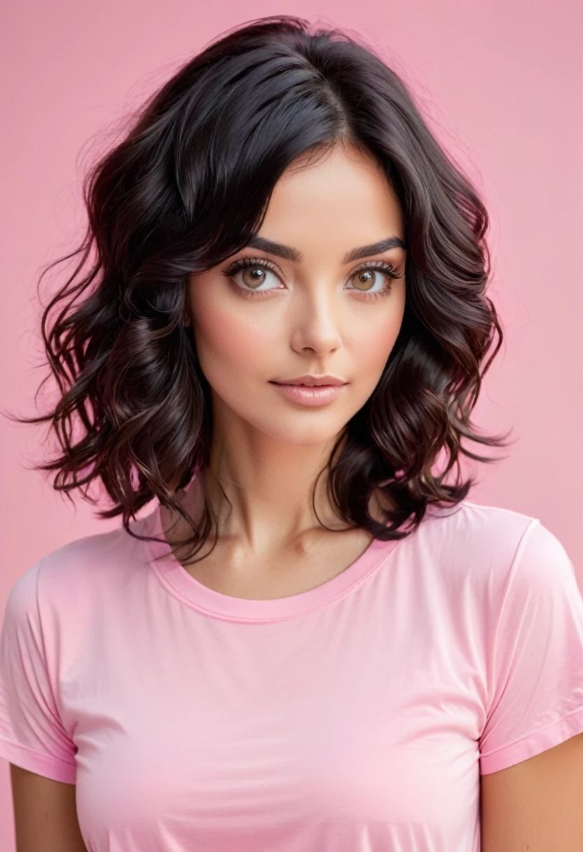 Woman black hair below the shoulders wavy , eyes browns, brunette skin , wearing a pink t-shirt