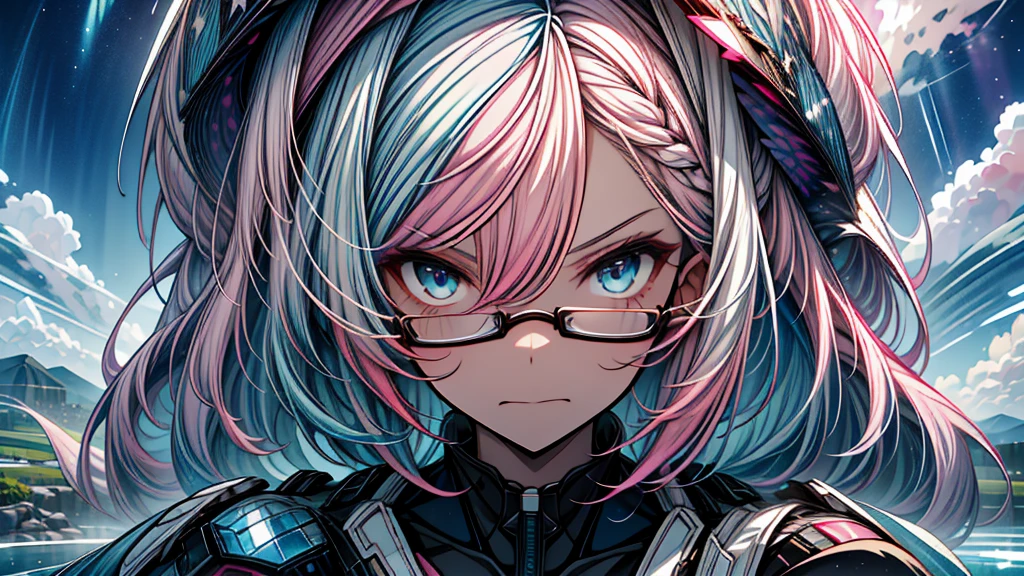 (Masterpiece ,、maximum quality、maximum quality、watercolor art(during)、Official Art、beautiful and aesthetic:1.2)、(1 girl:1.3)、(fractal art:1.3)、whole body、pupilas en forma de Star,、pattern、((Iridescent hair、colorful hair、half blue and half pink hair:1.2))、water、liquid、clouds、showy、noche Starda、Star、angry face、glasses、Write、heterochromia, (showy:1.5)、galaxiairando las Stars、anger