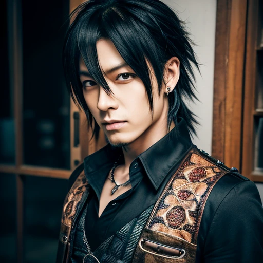 1 japanese male rocker, asien eyes, Visual Kai hairstyle, ultra detailed face and body, hyperrealistic, realistic representation, muscular, broad shoulders, tattoos gothic style, piercings, Visual Kei style, hairstyle Visual Kei, blond, 40 years old, age 40 outfit gothic streampunk, men's shirt and black pants, Asian eyes, eyes Asian, long hair, long hair