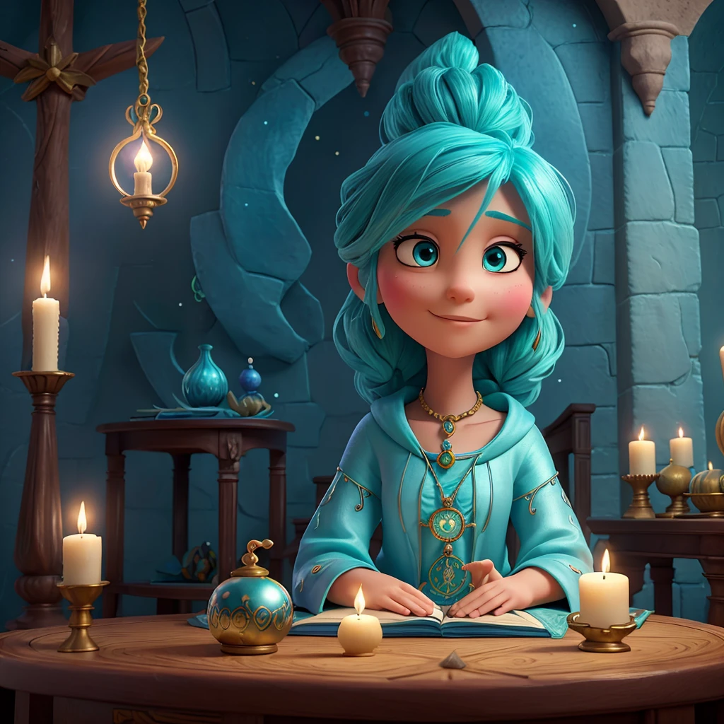 A turquoise emotion character representing wisdom and intuition in a mystical tarot reading setting.

Main Elements: A turquoise character with calm and wise features, surrounded by tarot cards and mystical symbols, sitting at a table with a crystal ball.

Artistic Style: Bright and colorful, inspired by the animation style of 'Inside Out.'

Atmosphere: Mystical and enchanting, emphasizing the character's intuitive abilities and the magical nature of tarot reading.

Specific Details: The turquoise emotion character has a serene and thoughtful expression, with large, gentle eyes and a peaceful smile. They are adorned in flowing, star-patterned robes that shimmer with a soft, magical glow. The table in front of them is covered with a velvet cloth, with an intricate spread of tarot cards and a glowing crystal ball at its center. Mystical symbols and constellations float in the air around the character, adding to the enchanting atmosphere. The background features a cozy, softly lit room with shelves filled with ancient books, candles, and other mystical artifacts. The overall scene radiates a sense of calm and wisdom, capturing the essence of a tarot reader's intuitive and magical practice.