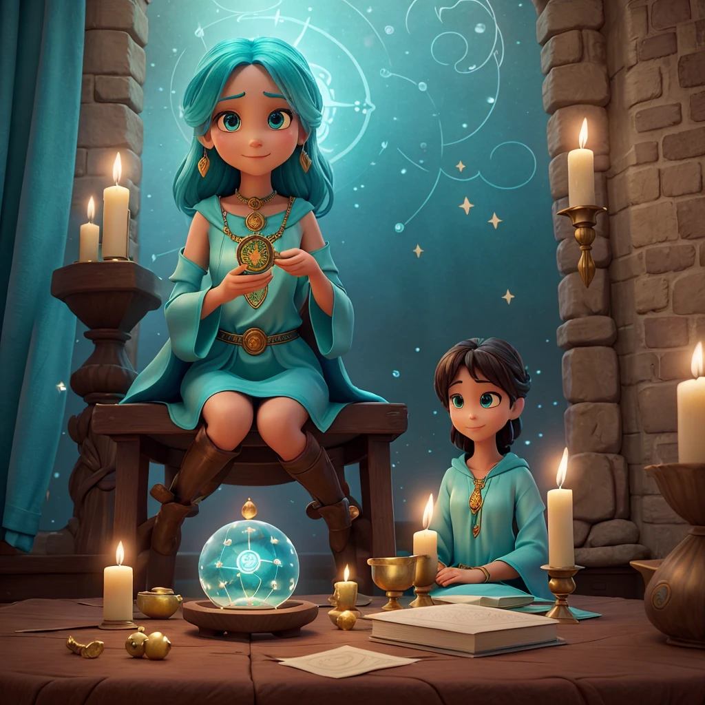 A turquoise emotion character representing wisdom and intuition in a mystical tarot reading setting.
Main Elements: A turquoise character with calm and wise features, surrounded by tarot cards and mystical symbols, sitting at a table with a crystal ball.
Artistic Style: Bright and colorful, inspired by the animation style of 'Inside Out.'
Atmosphere: Mystical and enchanting, emphasizing the character's intuitive abilities and the magical nature of tarot reading.
Specific Details: The turquoise emotion character has a serene and thoughtful expression, with large, gentle eyes and a peaceful smile. They are adorned in flowing, star-patterned robes that shimmer with a soft, magical glow. The table in front of them is covered with a velvet cloth, with an intricate spread of tarot cards and a glowing crystal ball at its center. Mystical symbols and constellations float in the air around the character, adding to the enchanting atmosphere. The background features a cozy, softly lit room with shelves filled with ancient books, candles, and other mystical artifacts. The overall scene radiates a sense of calm and wisdom, capturing the essence of a tarot reader's intuitive and magical practice.