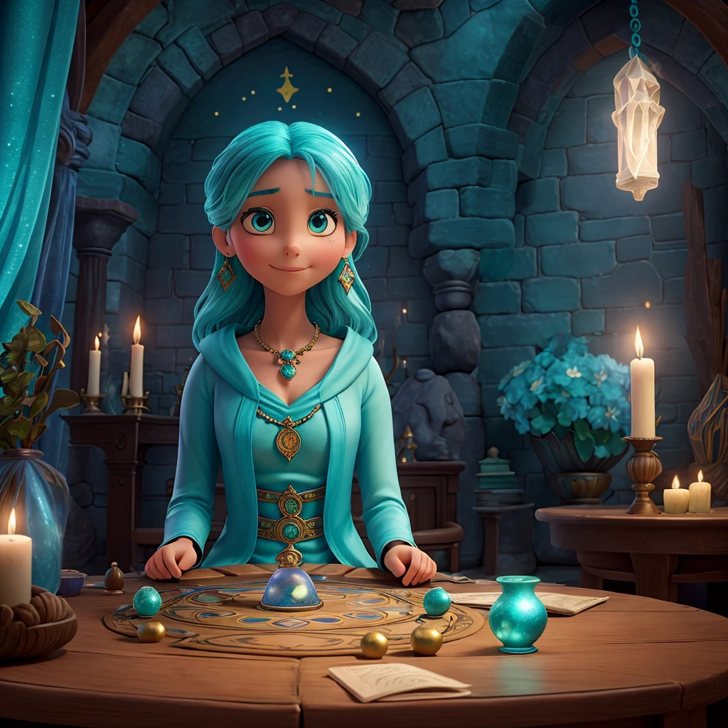 A turquoise emotion character representing wisdom and intuition in a mystical tarot reading setting.
Main Elements: A turquoise character with calm and wise features, surrounded by tarot cards and mystical symbols, sitting at a table with a crystal ball.
Artistic Style: Bright and colorful, inspired by the animation style of 'Inside Out.'
Atmosphere: Mystical and enchanting, emphasizing the character's intuitive abilities and the magical nature of tarot reading.
Specific Details: The turquoise emotion character has a serene and thoughtful expression, with large, gentle eyes and a peaceful smile. They are adorned in flowing, star-patterned robes that shimmer with a soft, magical glow. The table in front of them is covered with a velvet cloth, with an intricate spread of tarot cards and a glowing crystal ball at its center. Mystical symbols and constellations float in the air around the character, adding to the enchanting atmosphere. The background features a cozy, softly lit room with shelves filled with ancient books, candles, and other mystical artifacts. The overall scene radiates a sense of calm and wisdom, capturing the essence of a tarot reader's intuitive and magical practice.