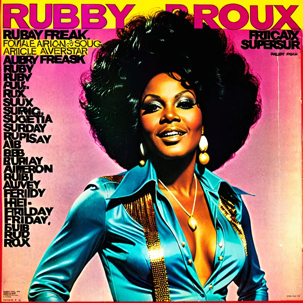 1970s vinyl album cover for female african-american r&b superstar "Ruby Roux". The name of her song is called "Friday Freak"