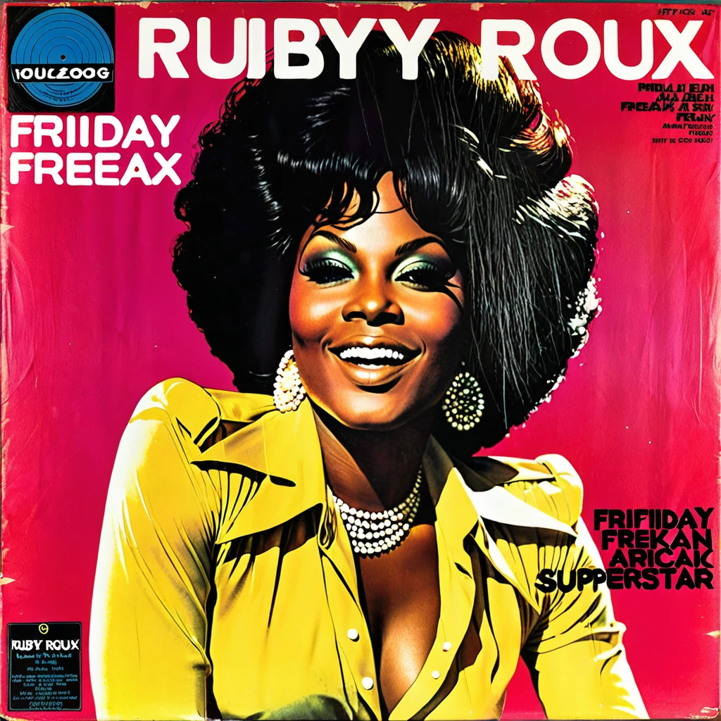 1970s vinyl album cover for female african-american r&b superstar "Ruby Roux". The name of her song is called "Friday Freak"