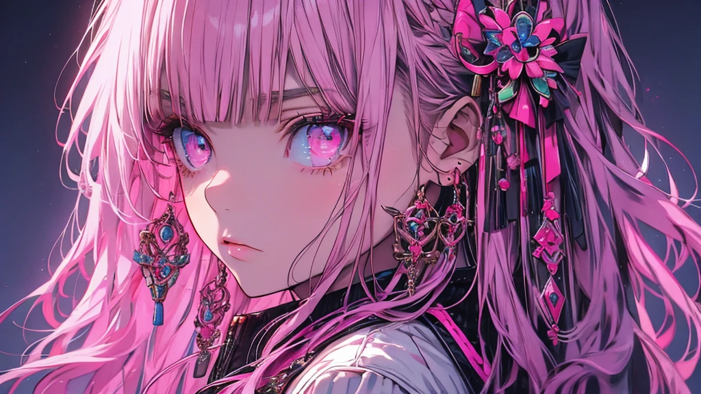 Hongliu, 1 girl, alone, long hair, looking at the viewer, blue eyes background, white background, jewelry, closed mouth, Jacket, Upper body, pink hair, earrings, pink eyes, necklace, From the side, sweater, lips, eyelash, compensate, wavy hair, earrings, cross, lipstick, ear earrings, eye shadow, hoop earrings, pink lips, multicolored eyes, pink theme, , pink eye shadow,
