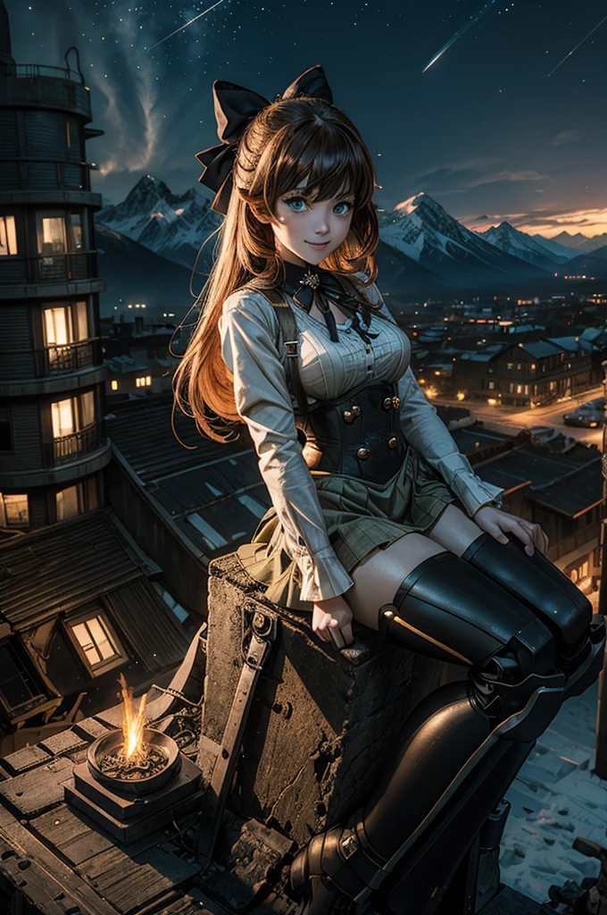 cowboy shot, (dynamic pose), smile, underbust, Penny Polendina, long hair, neck ribbon, suspender skirt, corset, black bow, white blouse, mechanical legs, neon trim, sitting, ((people in city ruins on hill, overlooking valley)), BREAK night, stars, moon, snow, BREAK mountains in background, waterfall, vehicle wreck, ((people in military uniform)), bonfires, post-apocalypse, dystopian future, (volumetric lighting), intricate details, tonemapping, sharp focus, hyper detailed