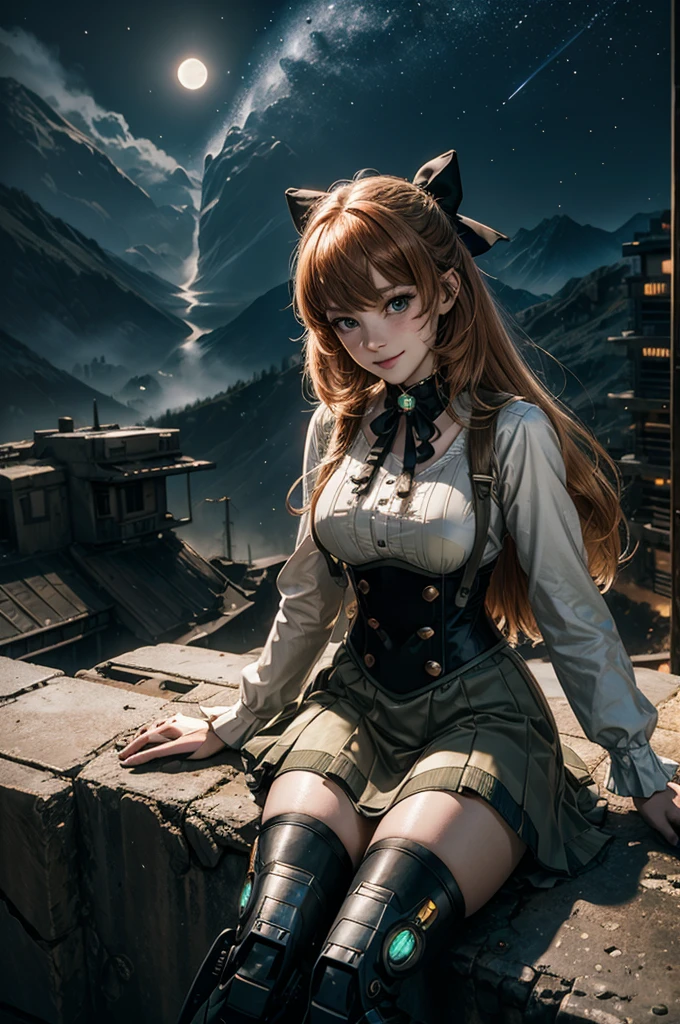 cowboy shot, (dynamic pose), smile, underbust, Penny Polendina, long hair, neck ribbon, suspender skirt, corset, black bow, white blouse, mechanical legs, neon trim, sitting, ((people in city ruins on hill, overlooking valley)), BREAK night, stars, moon, snow, BREAK mountains in background, waterfall, vehicle wreck, ((people in military uniform)), bonfires, post-apocalypse, dystopian future, (volumetric lighting), intricate details, tonemapping, sharp focus, hyper detailed