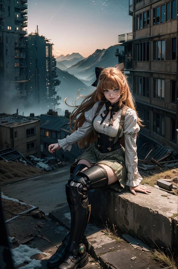 cowboy shot, (dynamic pose), smile, underbust, Penny Polendina, long hair, neck ribbon, suspender skirt, corset, black bow, white blouse, mechanical legs, neon trim, sitting, ((people in city ruins on hill, overlooking valley)), BREAK night, stars, moon, snow, BREAK mountains in background, waterfall, vehicle wreck, ((people in military uniform)), bonfires, post-apocalypse, dystopian future, (volumetric lighting), intricate details, tonemapping, sharp focus, hyper detailed