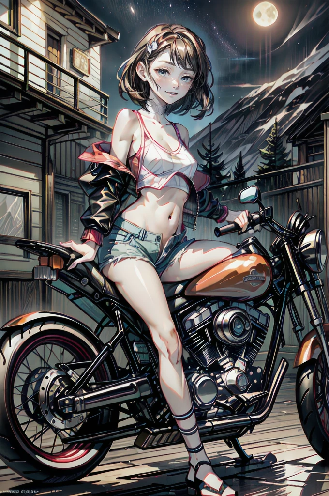 (cowboy shot), (Perfect Anatomy, top-quality、The ultra -The high-definition、high resolution、extremely details CG、8K Unit Wallpapers), mature 20-year-old, solo, Beautiful detailed eyes, black hair, short bob hair, blunt bang, (small breasts, slender body, athletic), gleaming skin, oily skin,( punk fashion, leather jacket, tank top、micro shorts), (drive a motorcycle,Harley-Davidson), on road at night, Starry Sky with Mountains and Lake, Jessica Rossier, Inspired by Jessica Rossier, Jessica Rossier Fantasy Art, Concept Art Magic Highlights, Official Artwork, Dream Painting, Ethereal Realm, Atmospheric artwork, dreamy matte paintings, serene endless stars inspired by Ted Nasmith, moonlit starry environments, epic music album covers.