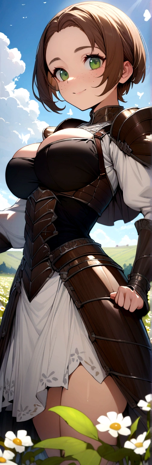 Masterpiece, hyper detailed, 1girl, teen , smiley face, freckles, wide forehead, big eyes, green eyes, short bowl haircut, brown hair BREAK very intricate detailed medieval armor shiny with big shoulder defense, no helmet BREAK standing in middle camomile plain, butterfly's flying around, sunny day, ((big boobs))