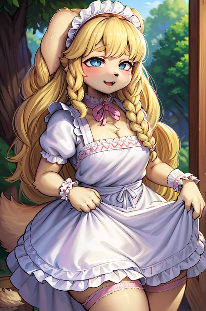 (Furry,Dog Girl,Hairy girl in maid costume),(Highest quality,High resolution,Super detailed,Realistic:1.37),Beautiful attention to detail,Beautiful lip detail,Highly detailed eyes and face,Long eyelashes,With soft fur,Blonde,Natural light,garden,pastel colour,Peaceful atmosphere,Warm and comfortable environment,Vibrant colors,Playful expressions,A kind smile,Sparkling eyes,Curly Hair,Elegant pose,cute dog ears,Cute tail,Fluffy skirt,Delicate embroidery,Frill lace apron,Maid's headband,Nice collar,Bunny Slippers,ribbon,Rustic white frills,Luxury Fabric, shape,Artful rendering,A fantastic atmosphere,Graceful Hands+bow,Small percentage,Graceful Movement,Innocent Charm,Whimsical details,Fascinating Background, Dreamy lighting, Artwork