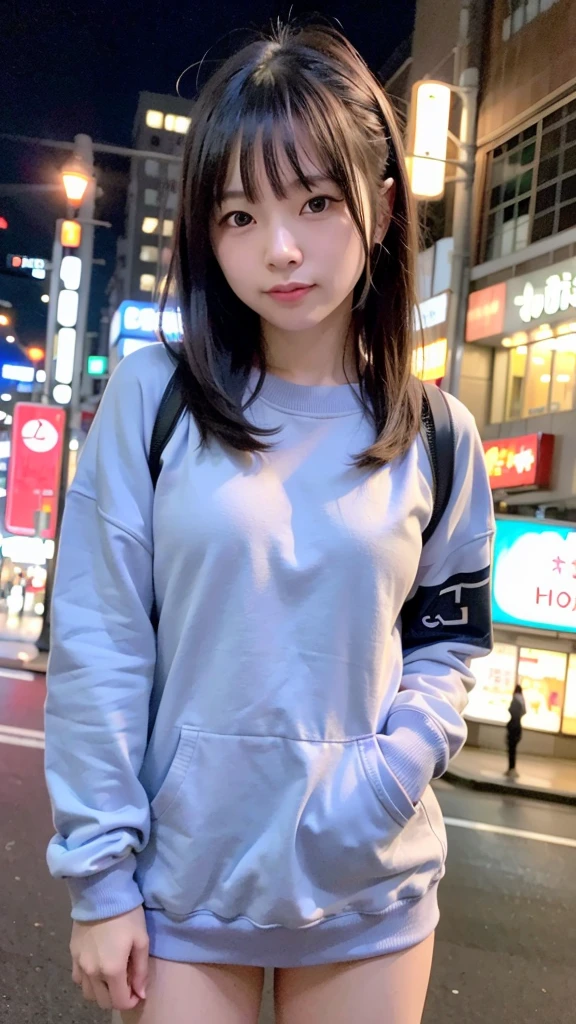 1girl, Tokyo street,night, 熊のぬいぐるみを持つ、cityscape,city lights,upper body,half body,smile,, (8K, RAW photo, best quality, masterpiece:1.2),(realistic, photo-realistic:1.37), clear face,At home,Wear a sweatshirt