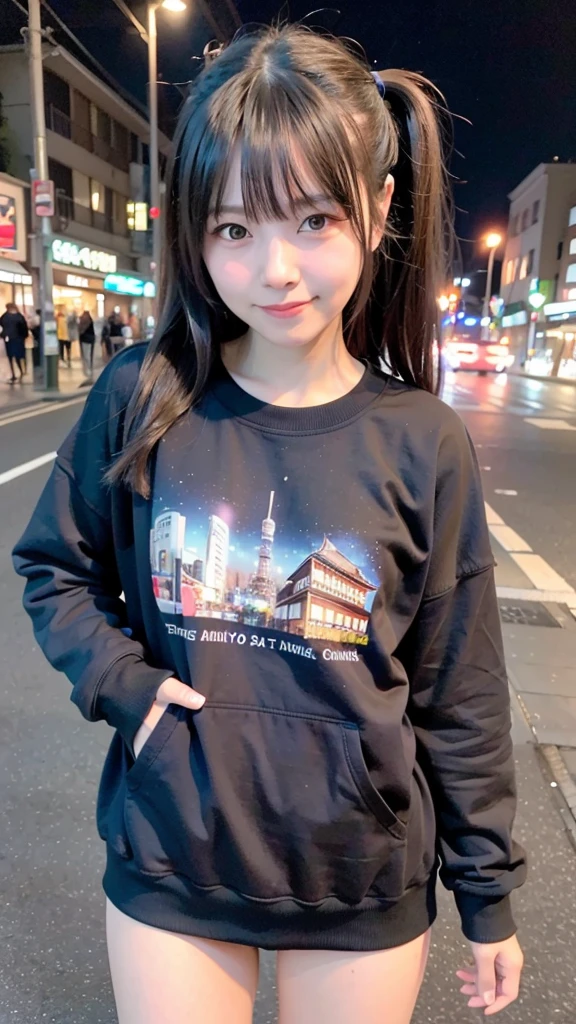 1girl, Tokyo street,night, 熊のぬいぐるみを持つ、cityscape,city lights,upper body,half body,smile,, (8K, RAW photo, best quality, masterpiece:1.2),(realistic, photo-realistic:1.37), clear face,At home,Wear a sweatshirt