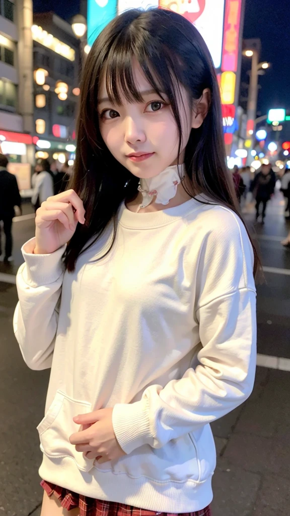 1girl, Tokyo street,night, 熊のぬいぐるみを持つ、cityscape,city lights,upper body,half body,smile,, (8K, RAW photo, best quality, masterpiece:1.2),(realistic, photo-realistic:1.37), clear face,At home,Wear a sweatshirt