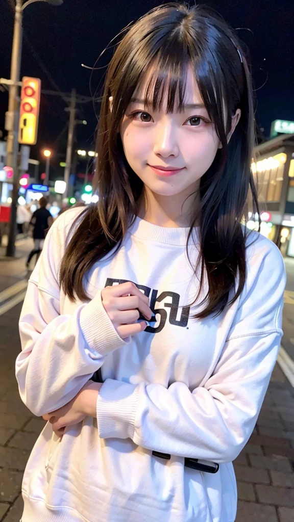 1girl, Tokyo street,night, 熊のぬいぐるみを持つ、cityscape,city lights,upper body,half body,smile,, (8K, RAW photo, best quality, masterpiece:1.2),(realistic, photo-realistic:1.37), clear face,At home,Wear a sweatshirt