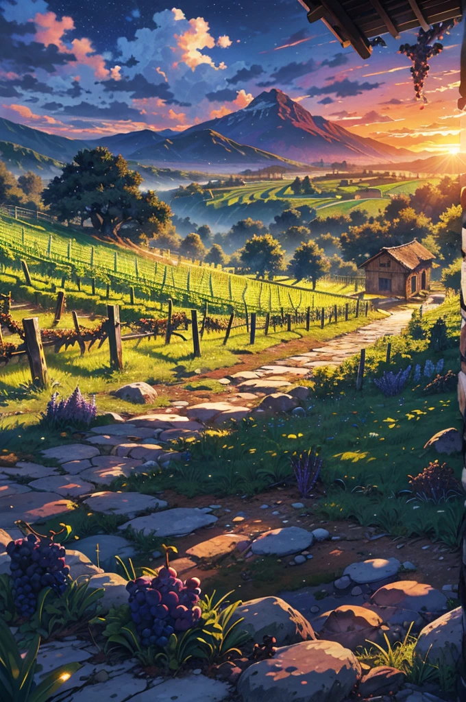hut, vineyard, grapes, stone path, sunrise, clouds, ruin mountains, trees, valley, landscape, harvest, middle ages, rocky streamasterpiece, best quality: 1.2),noon,