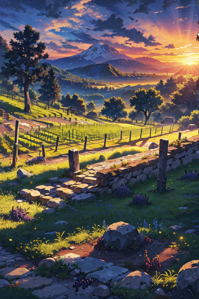 hut, vineyard, grapes, stone path, sunrise, clouds, ruin mountains, trees, valley, landscape, harvest, middle ages, rocky streamasterpiece, best quality: 1.2),noon,