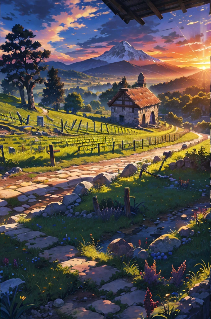 hut, vineyard, grapes, stone path, sunrise, clouds, ruin mountains, trees, valley, landscape, harvest, middle ages, rocky streamasterpiece, best quality: 1.2),noon,