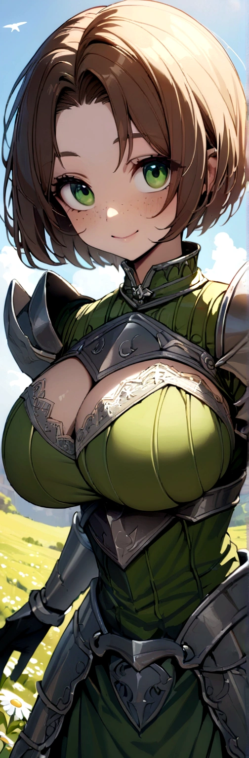 Masterpiece, hyper detailed, 1girl, , smiley face, freckles, wide forehead, big eyes, green eyes, short bowl haircut, brown hair BREAK very intricate detailed medieval armor shiny with big shoulder defense, no helmet BREAK standing in middle camomile plain, butterfly's flying around, sunny day, ((big boobs))