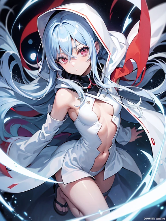 (um personagem adulto de anime tensei shitara slime) Rimuru Tempest, com olhos proeminentes e penetrantes de um (((vermelho escarlate))), who exude an aura of cold determination and a sharp intelligence, (hair is heavenly light blue), fluindo e boca suave e neutra, olhar frio, reflecting an unshakable personality and indomitable spirit, The white hood that covers the character's head adds a touch of mystery and nobility., complementing its enigmatic and powerful presence, personagem completo, ((( forest setting ))), pele branca, Highly detailed scenery, (using white sheet)
