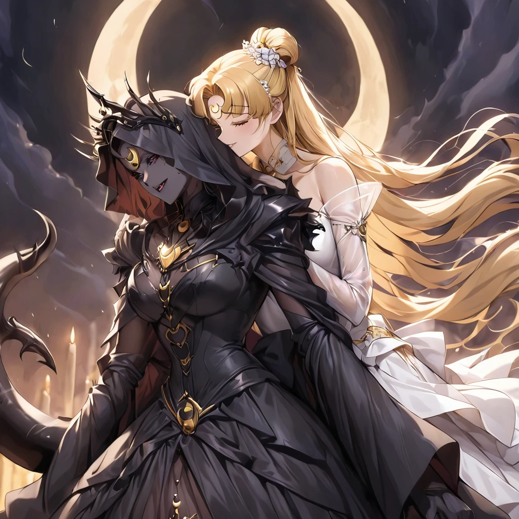 ((Highest quality)), ((masterpiece)), (detailed), (Perfect Face)、The woman is a dark queen with a black inverted crescent moon mark on her forehead, wearing a gorgeous, glittering black Gothic Victorian dress, a black veil, and a black see-through cape, as well as luxurious jeweled accessories.、The man is a majestic, evil and powerful demon king.、The Demon King of the Black Moon and the Dark Queen of the Black Moon in love、The woman is Black Serenity, the noble dark queen of the Black Moon clan and has blonde hair.2The woman with long hair tied up is Princess Serenity、The woman embraces the strong and evil demon king, kisses him, and gets married in the Black Moon Temple.、The woman is a dark queen with a black inverted crescent moon mark on her forehead, wearing a gorgeous, glittering black Gothic Victorian dress, a black veil, and a black see-through cape, as well as luxurious jeweled accessories.で幸せそうな表情の漆黒のプリンセスセレニティで恋する乙女の表情、A woman and a strong, evil demon king man are embracing the dark bride woman, kissing her vows and getting married.、The man is a strong and evil demon king, who embraces the woman, kisses her vows, and holds a wedding ceremony in the Temple of the Black Moon.、Men and women in love