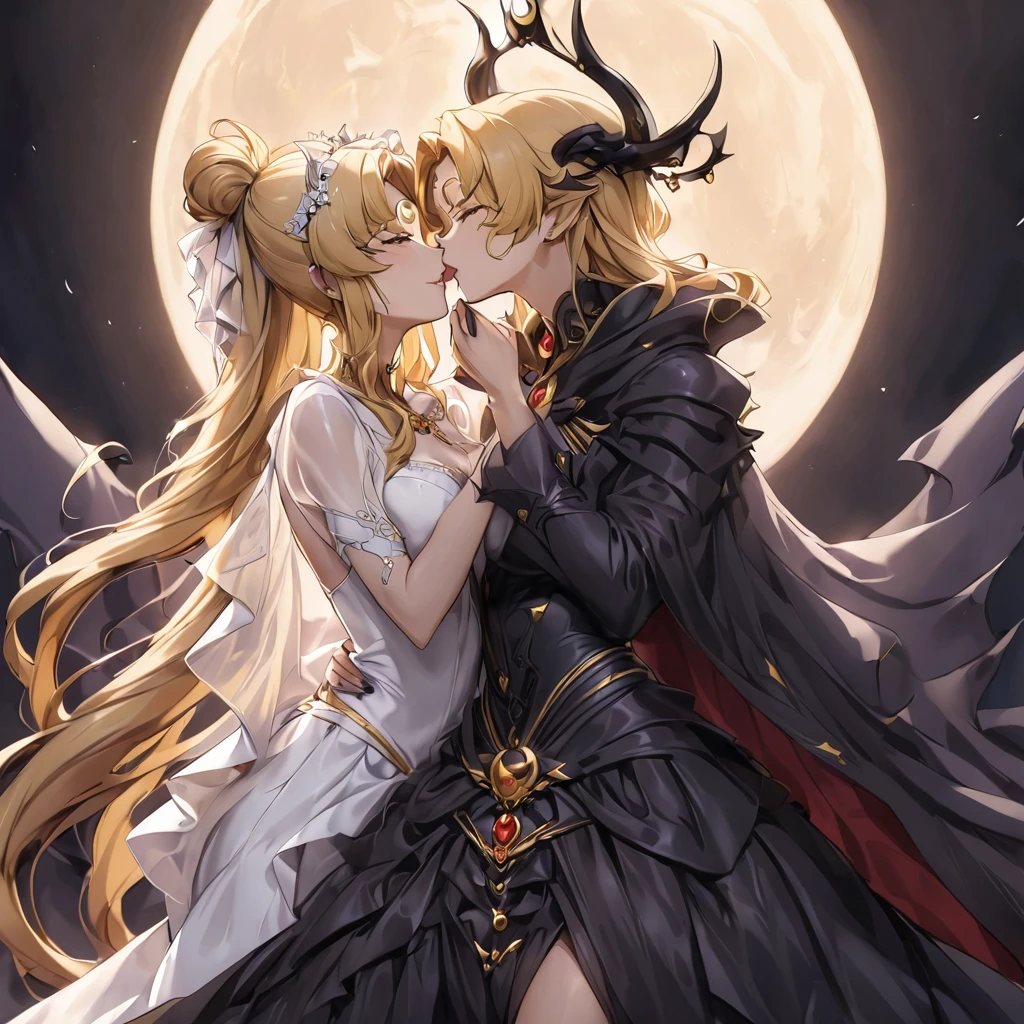 ((Highest quality)), ((masterpiece)), (detailed), (Perfect Face)、The woman is a dark queen with a black inverted crescent moon mark on her forehead, wearing a gorgeous, glittering black Gothic Victorian dress, a black veil, and a black see-through cape, as well as luxurious jeweled accessories.、The man is a majestic, evil and powerful demon king.、The Demon King of the Black Moon and the Dark Queen of the Black Moon in love、The woman is Black Serenity, the noble dark queen of the Black Moon clan and has blonde hair.2The woman with long hair tied up is Princess Serenity、The woman embraces the strong and evil demon king, kisses him, and gets married in the Black Moon Temple.、The woman is a dark queen with a black inverted crescent moon mark on her forehead, wearing a gorgeous, glittering black Gothic Victorian dress, a black veil, and a black see-through cape, as well as luxurious jeweled accessories.で幸せそうな表情の漆黒のプリンセスセレニティで恋する乙女の表情、A woman and a strong, evil demon king man are embracing the dark bride woman, kissing her vows and getting married.、The man is a strong and evil demon king, who embraces the woman, kisses her vows, and holds a wedding ceremony in the Temple of the Black Moon.、Men and women in love