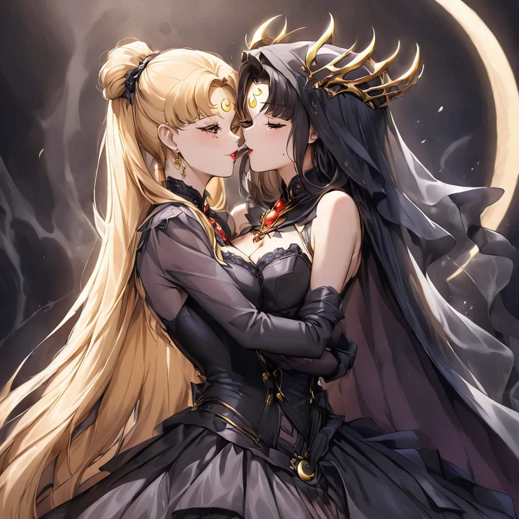 ((Highest quality)), ((masterpiece)), (detailed), (Perfect Face)、The woman is a dark queen with a black inverted crescent moon mark on her forehead, wearing a gorgeous, glittering black Gothic Victorian dress, a black veil, and a black see-through cape, as well as luxurious jeweled accessories.、The man is a majestic, evil and powerful demon king.、The Demon King of the Black Moon and the Dark Queen of the Black Moon in love、The woman is Black Serenity, the noble dark queen of the Black Moon clan and has blonde hair.2The woman with long hair tied up is Princess Serenity、The woman embraces the strong and evil demon king, kisses him, and gets married in the Black Moon Temple.、The woman is a dark queen with a black inverted crescent moon mark on her forehead, wearing a gorgeous, glittering black Gothic Victorian dress, a black veil, and a black see-through cape, as well as luxurious jeweled accessories.で幸せそうな表情の漆黒のプリンセスセレニティで恋する乙女の表情、A woman and a strong, evil demon king man are embracing the dark bride woman, kissing her vows and getting married.、The man is a strong and evil demon king, who embraces the woman, kisses her vows, and holds a wedding ceremony in the Temple of the Black Moon.、Men and women in love