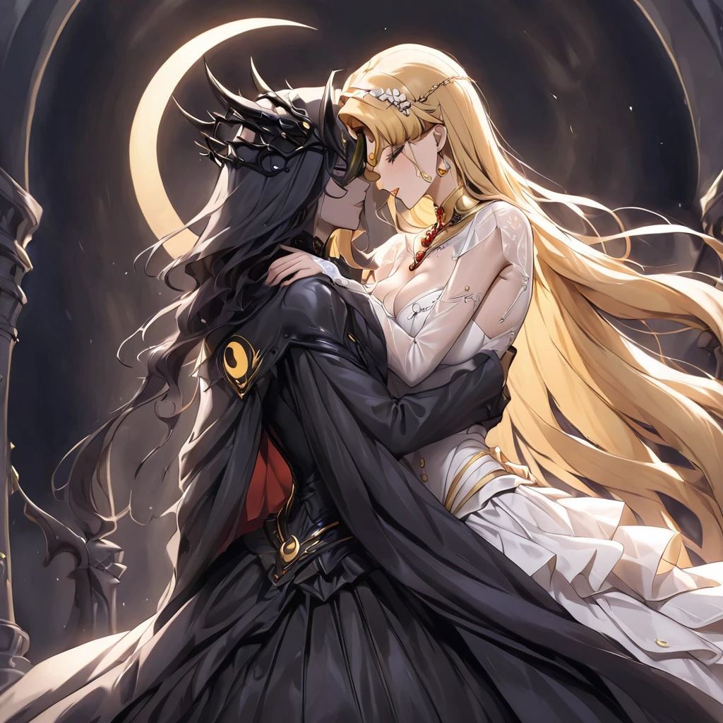 ((Highest quality)), ((masterpiece)), (detailed), （Perfect Face）、The woman is a dark queen with a black inverted crescent moon mark on her forehead, wearing a gorgeous, glittering black Gothic Victorian dress, a black veil, and a black see-through cape, as well as luxurious jeweled accessories.、The man is a majestic, evil and powerful demon king.、The Demon King of the Black Moon and the Dark Queen of the Black Moon in love、The woman is Black Serenity, the noble dark queen of the Black Moon clan and has blonde hair.２The woman with long hair tied up is Princess Serenity、The woman embraces the strong and evil demon king, kisses him, and gets married in the Black Moon Temple.、The woman is a dark queen with a black inverted crescent moon mark on her forehead, wearing a gorgeous, glittering black Gothic Victorian dress, a black veil, and a black see-through cape, as well as luxurious jeweled accessories.で幸せそうな表情の漆黒のプリンセスセレニティで恋する乙女の表情、A woman and a strong, evil demon king man are embracing the dark bride woman, kissing her vows and getting married.、The man is a strong and evil demon king, who embraces the woman, kisses her vows, and holds a wedding ceremony in the Temple of the Black Moon.、Men and women in love