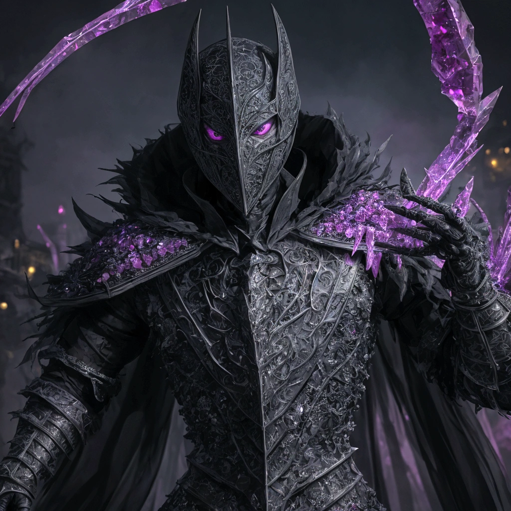 (extremely detailed 8k wallpaper), a medium shot photo of scary Grim dressed as a majestic masked multicoloured crystal-supervillain in an armour made of bloody glowing wires from marvel, theme, intricate, high detail, dramatic, old scary building with multicoloured crystals in the background