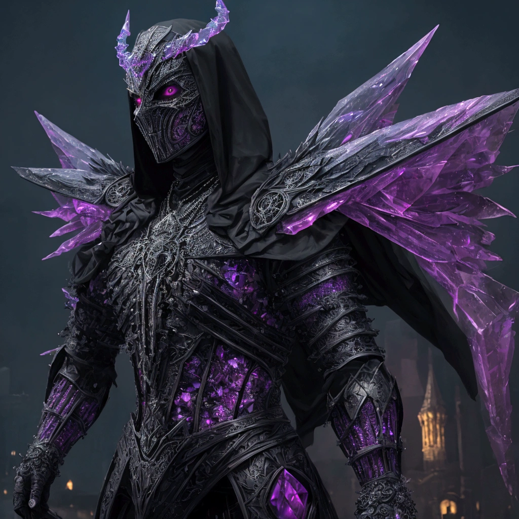 (extremely detailed 8k wallpaper), a medium shot photo of scary Grim dressed as a majestic masked multicoloured crystal-supervillain in an armour made of bloody glowing wires from marvel, theme, intricate, high detail, dramatic, old scary building with multicoloured crystals in the background