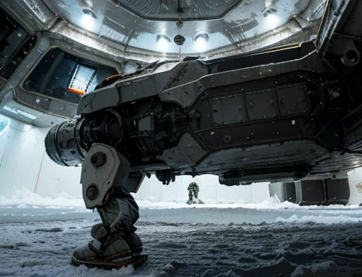 Photography Varied view, dynamic photography, a ship flies over the ground, low angle , floor , Daytime lighting in the frozen environment, Ground with snow, astronaut piloting the ship using an ice-cold spacesuit and observing something impressed at an alien structure , full body photography full body image. Environment overview. He is accompanied by a ground exploration robot.