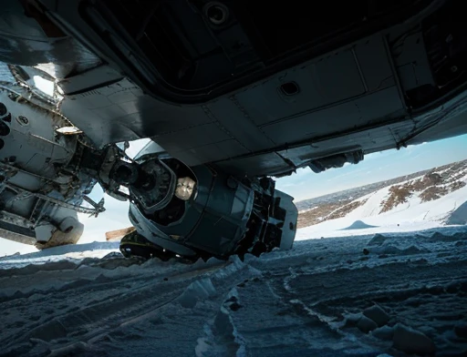 Photography Varied view, dynamic photography, a ship flies over the ground, low angle , floor , Daytime lighting in the frozen environment, Ground with snow, astronaut piloting the ship using an ice-cold spacesuit and observing something impressed at an alien structure , full body photography full body image. Environment overview. He is accompanied by a ground exploration robot.