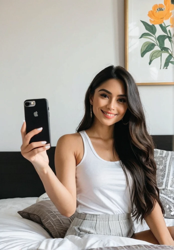 A Latina woman with long dark hair, dressed casually, is taking a selfie while sitting on her bed in a bedroom. The room is cozy and intimate, with soft lighting, decorative pillows, and a stylish bedspread. She has a poised, beautiful body with thick legs and a curvy appearance. Her figure is stacked, and she has a gorgeous face with minimal, natural makeup. She is holding her phone up and smiling naturally for the selfie, exuding confidence and warmth as she captures the moment. Ensure that there are no visual bugs or distortions on her hands, feet, or any part of her body. The atmosphere is relaxed and inviting, capturing the comfort and intimacy of a private bedroom.