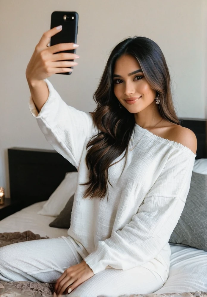 A Latina woman with long dark hair, dressed casually, is taking a selfie while sitting on her bed in a bedroom. The room is cozy and intimate, with soft lighting, decorative pillows, and a stylish bedspread. She has a poised, beautiful body with thick legs and a curvy appearance. Her figure is stacked, and she has a gorgeous face with minimal, natural makeup. She is holding her phone up and smiling naturally for the selfie, exuding confidence and warmth as she captures the moment. Ensure that there are no visual bugs or distortions on her hands, feet, or any part of her body. The atmosphere is relaxed and inviting, capturing the comfort and intimacy of a private bedroom.