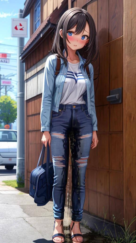 ((best quality, masterpiece:1.3, 8K)), (detailed), highly detailed face and skin texture, detailed eyes, downtown, full body, slender body, 1girl, 25 years old, white skin, blue eyes, worried, embarrassed, long hair, (forehead:0.8), stylish top:1.2, denim pants, blue jeans, footwear, peeing jeans, peeing pants, pee stain, (wetting herself), desperation,