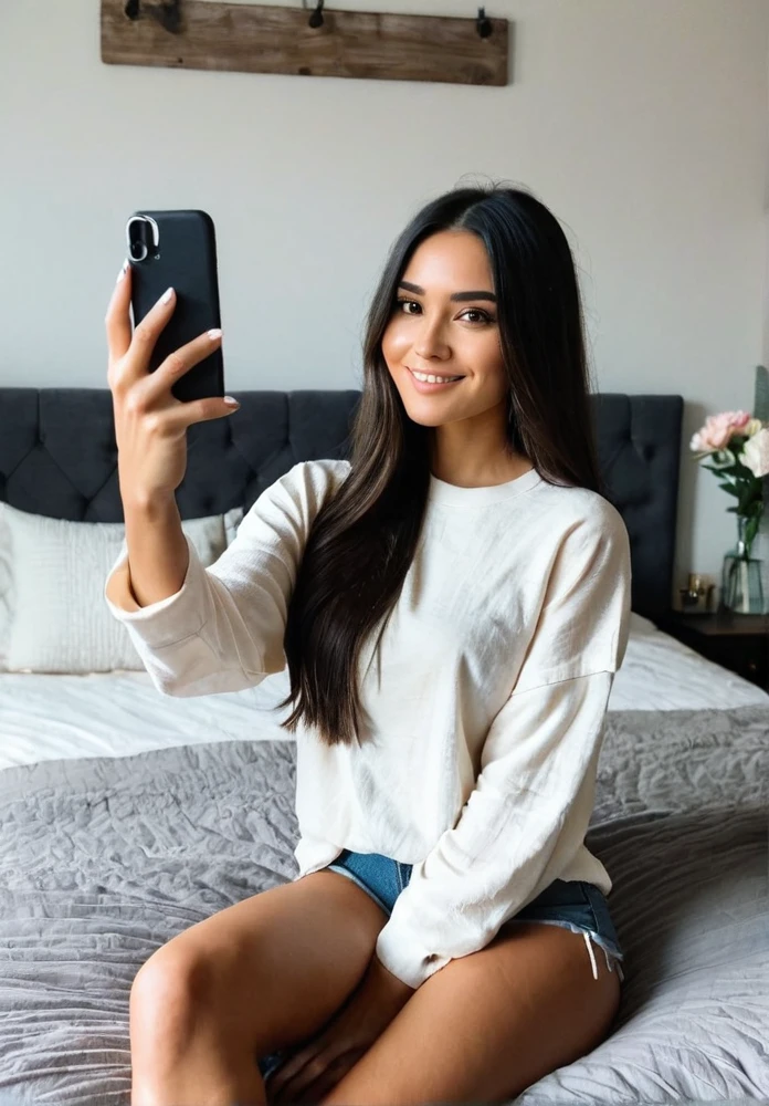 A Latina woman with long dark hair, dressed casually, is taking a selfie while sitting on her bed in a bedroom. The room is cozy and intimate, with soft lighting, decorative pillows, and a stylish bedspread. She has a poised, beautiful body with thick legs and a curvy appearance. Her figure is stacked, and she has a gorgeous face with minimal, natural makeup. She is holding her phone up and smiling naturally for the selfie, exuding confidence and warmth as she captures the moment. Ensure that there are no visual bugs or distortions on her hands, feet, or any part of her body. The atmosphere is relaxed and inviting, capturing the comfort and intimacy of a private bedroom.