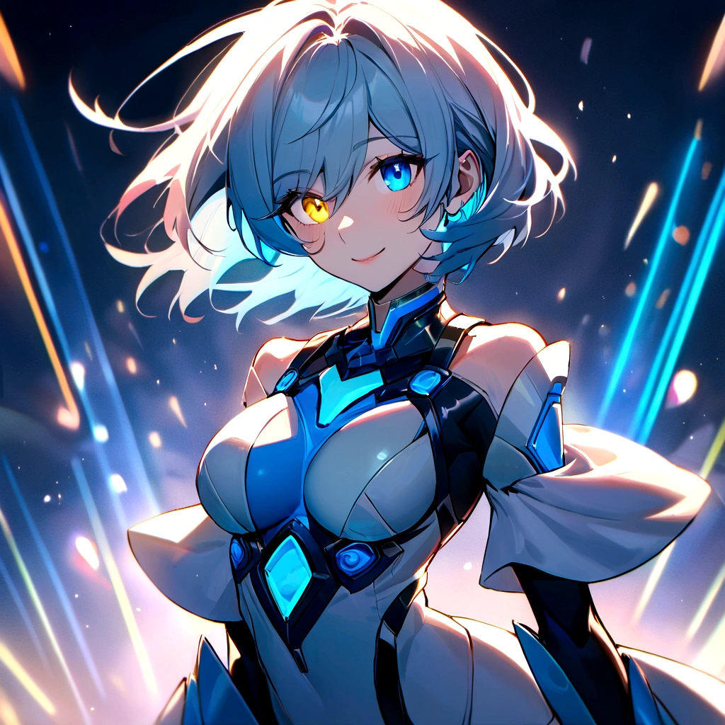 make me a female, 36 years old, blue very short hair, heterochromia eyes, she's smiling slightly, cyber clothes, blue and white outfit