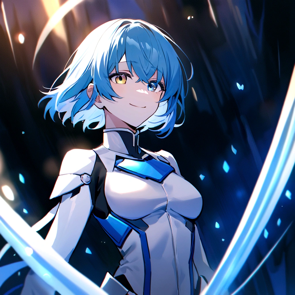 make me a female, 36 years old, blue very short hair, heterochromia eyes, she's smiling slightly, cyber clothes, blue and white outfit