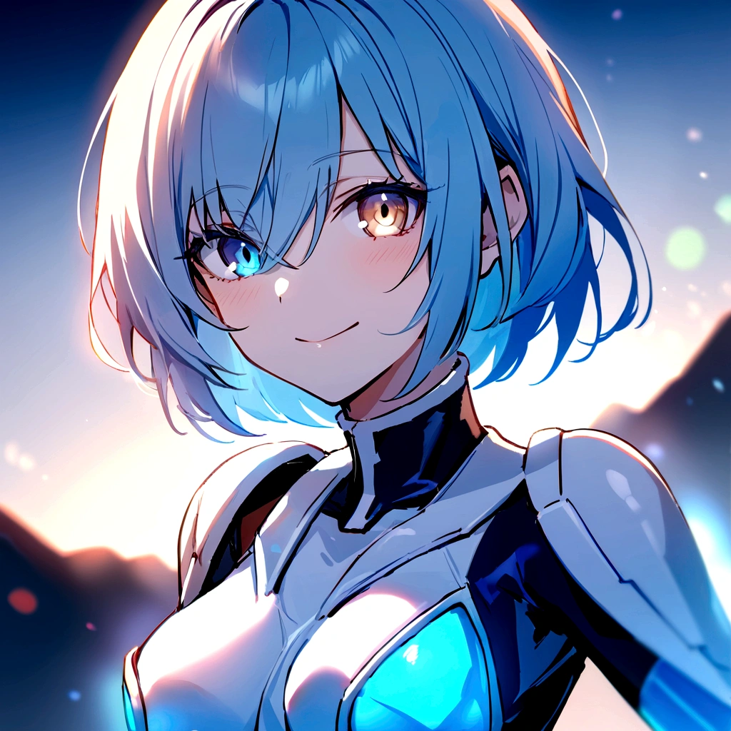 make me a female, 36 years old, blue very short hair, heterochromia eyes, she's smiling slightly, cyber clothes, blue and white outfit