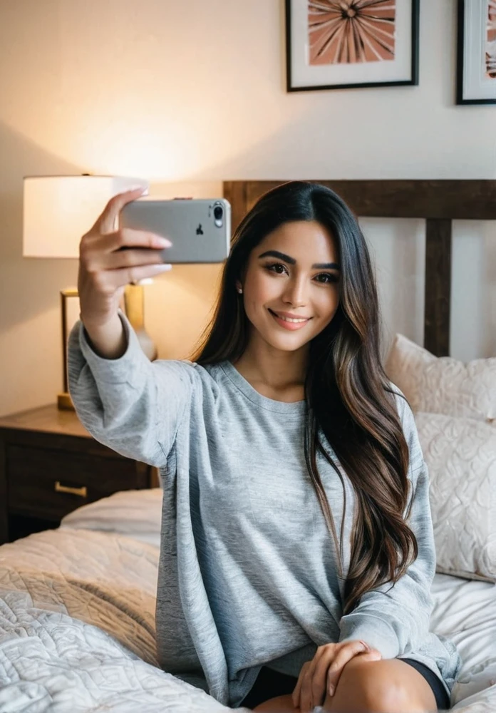 A Latina woman with long dark hair, dressed casually, is taking a selfie while sitting on her bed in a bedroom. The room is cozy and intimate, with soft lighting, decorative pillows, and a stylish bedspread. She has a poised, beautiful body with thick legs and a curvy appearance. Her figure is stacked, and she has a gorgeous face with minimal, natural makeup. She is holding her phone up and smiling naturally for the selfie, exuding confidence and warmth as she captures the moment. Ensure that there are no visual bugs or distortions on her hands, feet, or any part of her body. The atmosphere is relaxed and inviting, capturing the comfort and intimacy of a private bedroom.