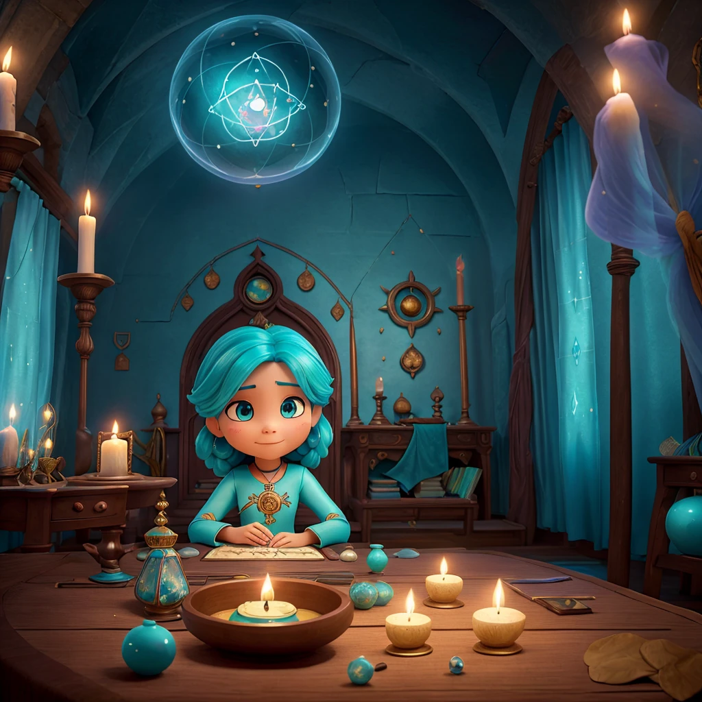 A turquoise emotion character representing wisdom and intuition in a mystical tarot reading setting.
Main Elements: A turquoise character with calm and wise features, surrounded by tarot cards and mystical symbols, sitting at a table with a crystal ball.
Artistic Style: Bright and colorful, inspired by the animation style of 'Inside Out.'
Atmosphere: Mystical and enchanting, emphasizing the character's intuitive abilities and the magical nature of tarot reading.
Specific Details: The turquoise emotion character has a serene and thoughtful expression, with large, gentle eyes and a peaceful smile. They are adorned in flowing, star-patterned robes that shimmer with a soft, magical glow. The table in front of them is covered with a velvet cloth, with an intricate spread of tarot cards and a glowing crystal ball at its center. Mystical symbols and constellations float in the air around the character, adding to the enchanting atmosphere. The background features a cozy, softly lit room with shelves filled with ancient books, candles, and other mystical artifacts. The overall scene radiates a sense of calm and wisdom, capturing the essence of a tarot reader's intuitive and magical practice.