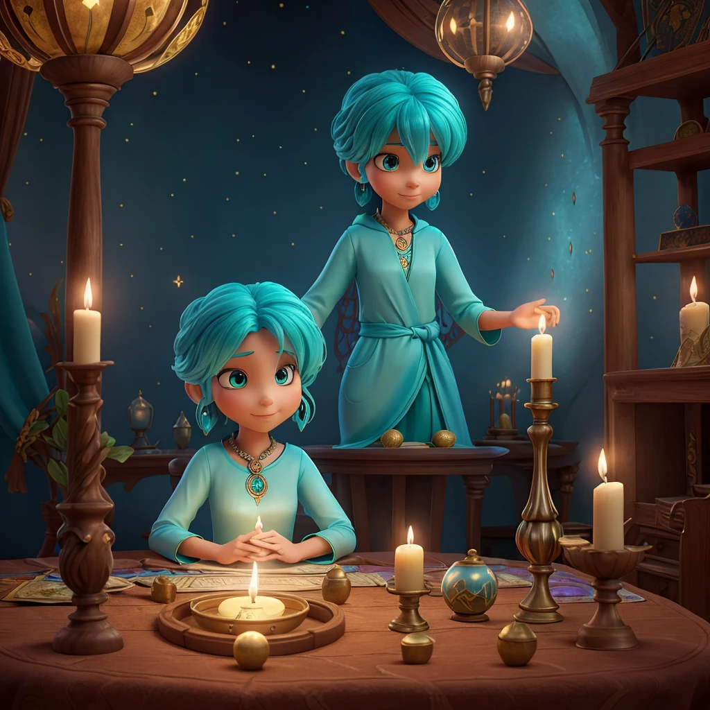 A turquoise emotion character representing wisdom and intuition in a mystical tarot reading setting.

Main Elements: A turquoise character with calm and wise features, surrounded by tarot cards and mystical symbols, sitting at a table with a crystal ball.

Artistic Style: Bright and colorful, inspired by the animation style of 'Inside Out.'

Atmosphere: Mystical and enchanting, emphasizing the character's intuitive abilities and the magical nature of tarot reading.

Specific Details: The turquoise emotion character has a serene and thoughtful expression, with large, gentle eyes and a peaceful smile. They are adorned in flowing, star-patterned robes that shimmer with a soft, magical glow. The table in front of them is covered with a velvet cloth, with an intricate spread of tarot cards and a glowing crystal ball at its center. Mystical symbols and constellations float in the air around the character, adding to the enchanting atmosphere. The background features a cozy, softly lit room with shelves filled with ancient books, candles, and other mystical artifacts. The overall scene radiates a sense of calm and wisdom, capturing the essence of a tarot reader's intuitive and magical practice.