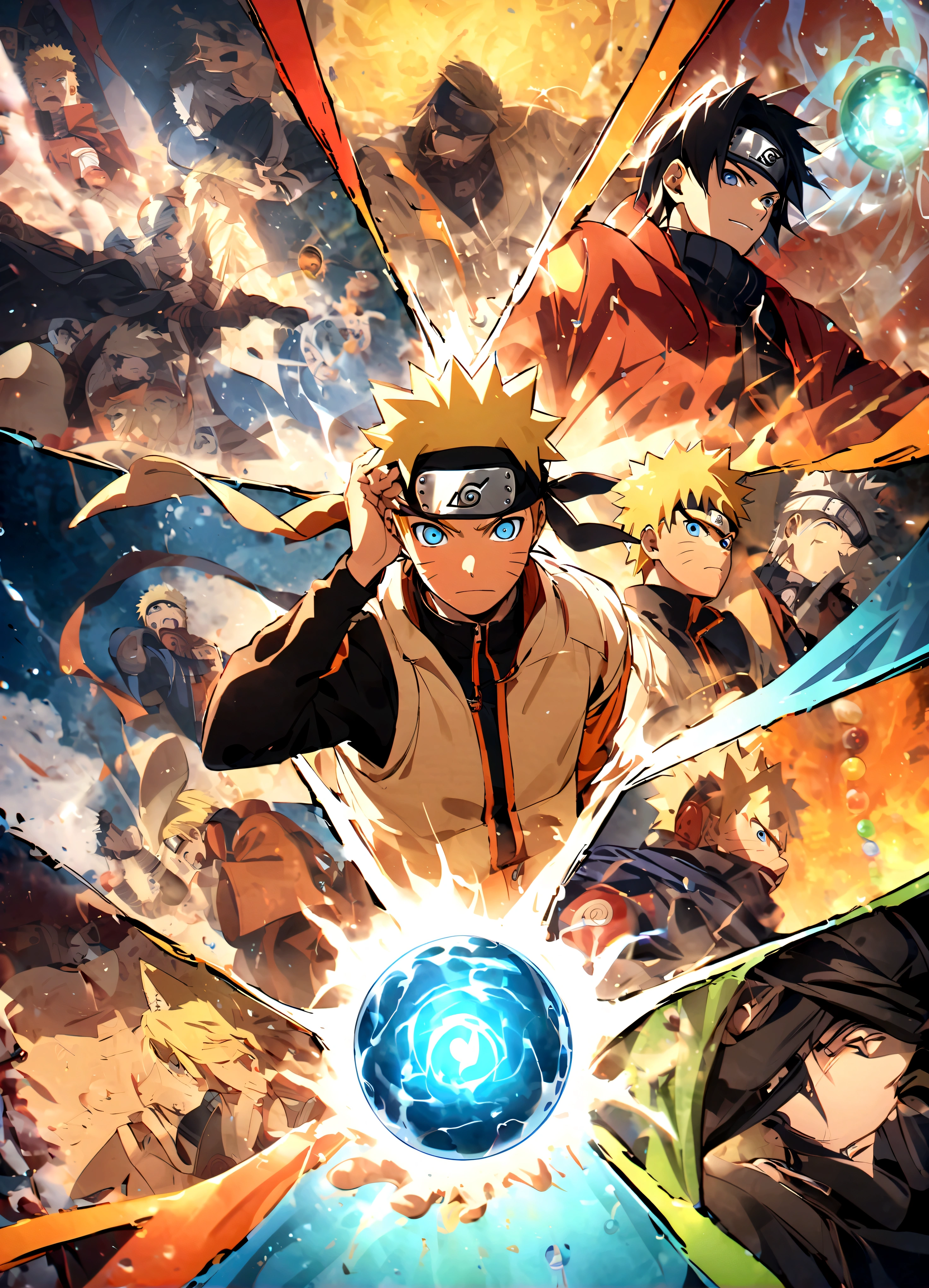 NARUTO Shippuden、Uzumaki Naruto、The 7th Hokage、Ninja、Light blue eyes、Yellow Hair、Short Hair、Orange and black outfit、Nine Lamas、Six Dao Immortals、nine tailed fox、Ninjutsu、Seven color chakras、The wind escapes、Rasengan、