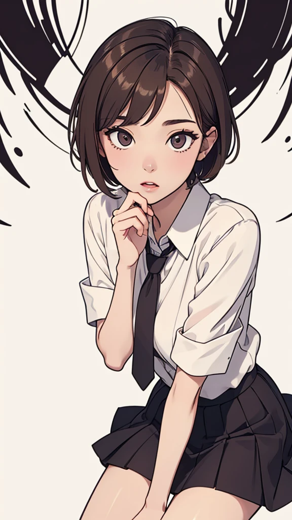 (((masterpiece, best quality, ultra highres, 1 girl, solo, no background))), super detailed skin and face and eyes and finger, beautiful japanese woman, small breasts:1.5, skinny, light brown hair, white background, very short pixie hair, (an illustration of girl), Knee shot, Generate with illustrations, Various expressions, Various poses, outline, anime, Panty shot, Spread legs, Skirt, White panties, Shirt, White shirt, Lips, Tie, Pleated skirt,