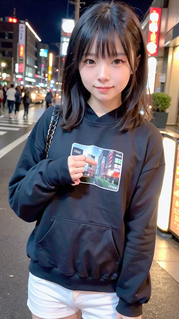1girl, Tokyo street,night, スウェットを着る、cityscape,city lights,upper body,half body,smile,, (8K, RAW photo, best quality, masterpiece:1.2),(realistic, photo-realistic:1.37), clear face,At home,Wear a sweatshirt