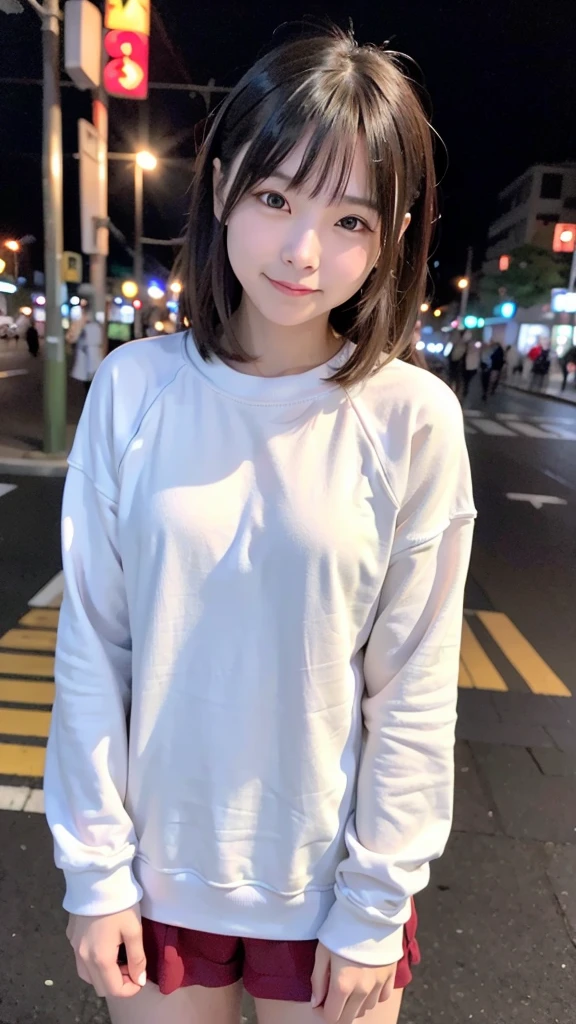 1girl, Tokyo street,night, スウェットを着る、cityscape,city lights,upper body,half body,smile,, (8K, RAW photo, best quality, masterpiece:1.2),(realistic, photo-realistic:1.37), clear face,At home,Wear a sweatshirt